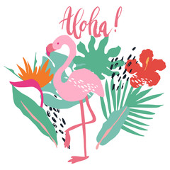 Minimal summer trendy vector illustration art in scandinavian style. Flamingo, exotic palm leaf, hibiscus bird of paradise flower and dots. Handwritten lettering phrase Aloha