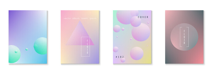 Minimal shapes cover set with holographic fluid. Gradient shapes on vibrant background. Modern hipster template for placard, presentation, banner, flyer, brochure. Minimal shapes cover in neon colors.
