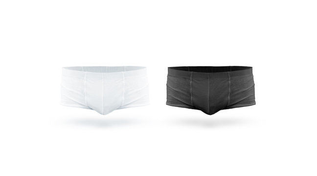Blank black and white mens underpants mock up fron view, isolated. Empty boxer briefs mockup. Clear underwear template. Compression shorts panties underclothes
