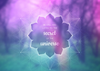 Vector template of banner with inspirational phrase, horizontal format; Spiritual sacred geometry; "Flower of life" and lotus on beauty blurred background with forest; Yoga, meditation and relax.