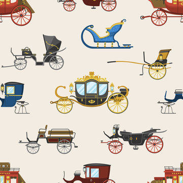 Carriage vector vintage transport with old wheels and antique transportation illustration set of royal coach and chariot or wagon for traveling seamless pattern background