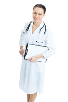 Top view full body portrait of female doctor or nurse with clipboard, isolated on white background
