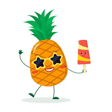 Cute pineapple cartoon character in sunglasses star in the hands of a colorful ice cream. Vector illustration, a flat style.
