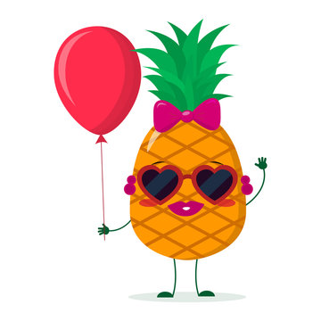 Cute pineapple cartoon character sunglasses hearts, bow and earrings. Holds a red air balloon. Vector illustration, a flat style.