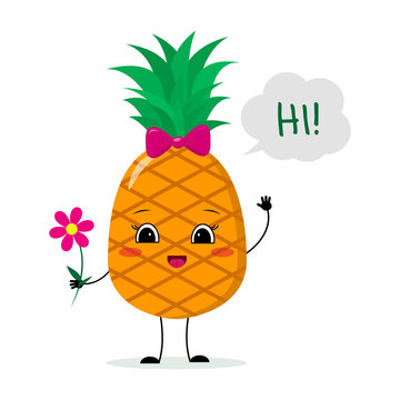 Cute pineapple cartoon character with a pink bow holding a flower and welcomes.Vector illustration, a flat style.