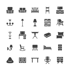 Furniture vector flat glyph icons. Living room tv stand, bedroom, home lighting, rocking chair, sofa, bedding, dining table, bed, bookcase. Signs interior store. Solid silhouette pixel perfect 48x48