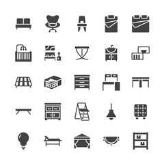 Furniture vector flat glyph icons. Living room sink, bedroom, mattress, office chair, sofa, garden tent dining table, bed stepladder. Signs interior store. Solid silhouette pixel perfect 48x48.