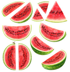Isolated cut watermelon collection. Pieces of fresh watermelon fruit isolated on white background...