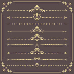 Vintage set of vector decorative elements. Horizontal golden separators in the frame. Collection of different ornaments. Classic patterns. Set of vintage patterns