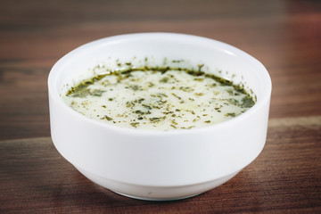 Yoghurt soup with cucumber, dill and walnuts