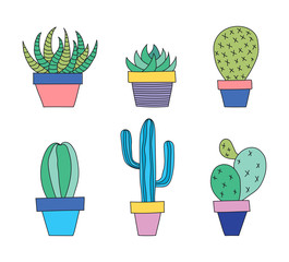 Hand drawn set of succulent and cactus plants in a pot.