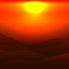 Illustration of a sunset or sunrise in the misty mountains. Vector. Landscape.