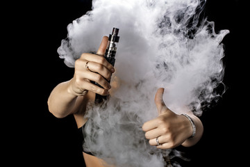 Girl soars on a black background vape