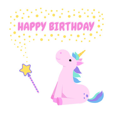 Happy birthday greeting card with a unicorn and a magic wand.