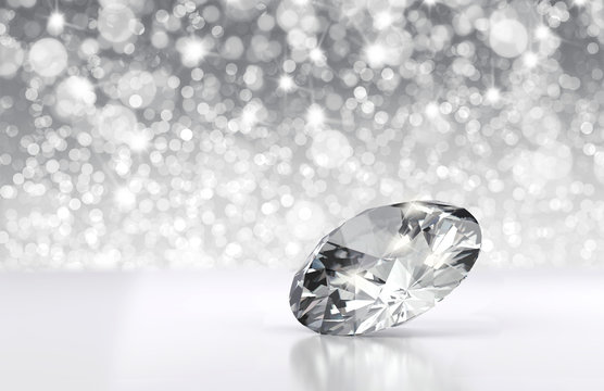 Diamond placed on clean background with light bokeh, 3D illustration.
