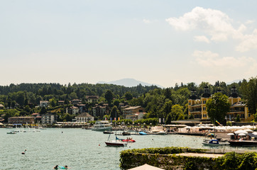 Fototapeta premium Worthersee warmest lake in Austrian alps summer destination and tourist spot