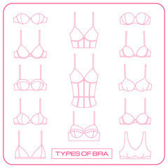 Set of female bras icons in line art style.