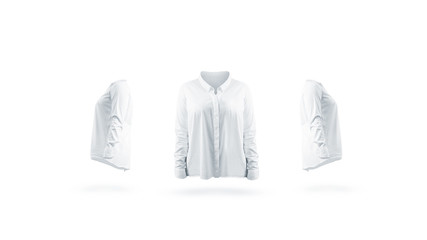 Blank white woman shirt mock up, front and sides, isolated. Empty office jacket with long sleeves...