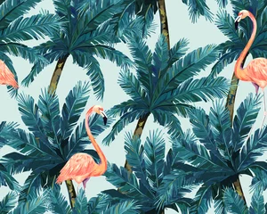 Behang Palmbomen Exotische zomerprint. Naadloze patroon met palmboom en flamingo. Waterverfstijl. Vectorillustratie