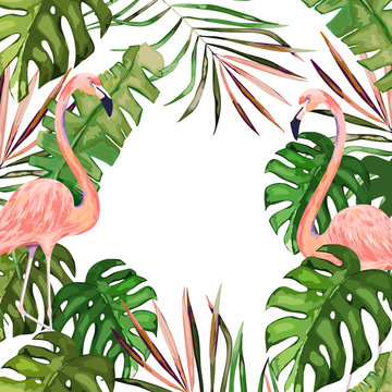 Summer frame with tropical jungle leaves and pink flamingo.Vector aloha illustration. Watercolor style
