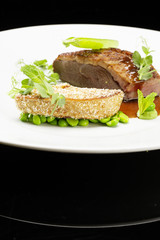 Foie gras coco, Magret de canette et petits pois menthe