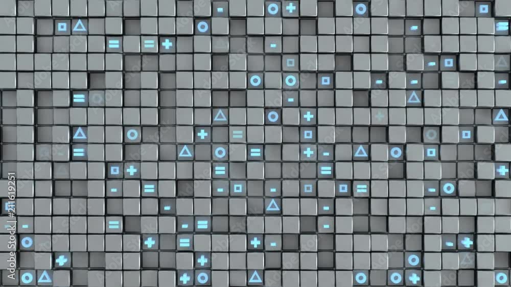 Poster wall of cubes and random symbols. abstract modern technology or science fiction concept. 3d render s