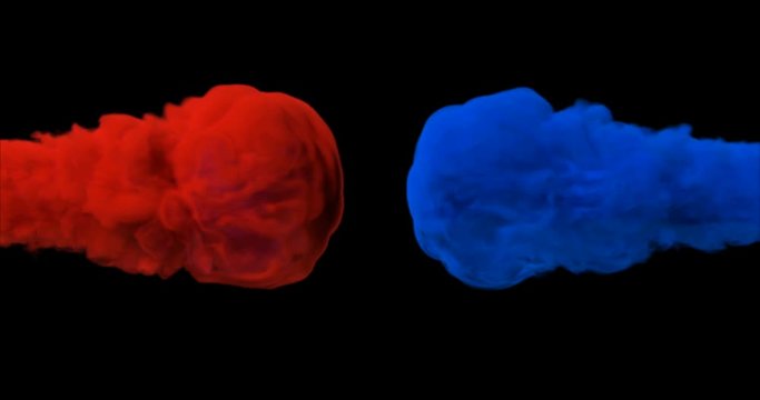 Close up of the colourful drops of red and blue colliding in a slow motion on the black background like smoke explosion and mixing. With alpha matte channel.