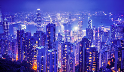 Hongkong from the peak view at night in old tone