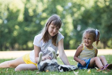 Children with a dog