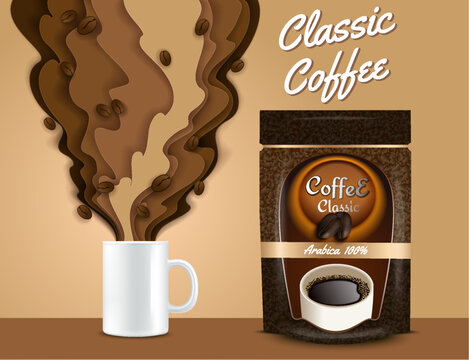 Vector paper cut 3d coffee poster, banner template