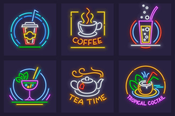 Set of neon icons with beverages. Cola, coffee in cup, hot tea.