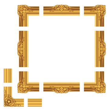 Baguette, golden frame, classic frame from different parts. Classic frame in vintage style. Set of frames for paintings. Assembly frame. A set of brushes. Vector illustration, EPS 10