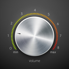 Volume button metal texture steel chrome. Music knob sound level. Sound panel tuner interface