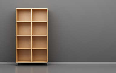 wooden office cabinet shelf in front of gray wall - obrazy, fototapety, plakaty