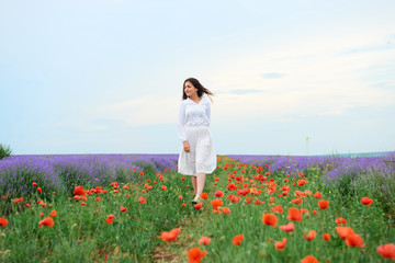 Fototapeta premium young woman is in the lavender field, beautiful summer landscape with red poppy flowers