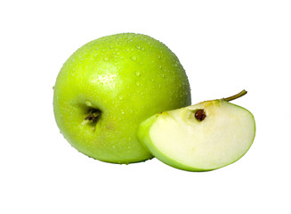 green apple with dew isolated on white background. food, healthy