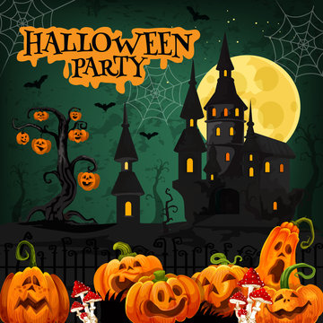 Halloween night party invitation with horror house
