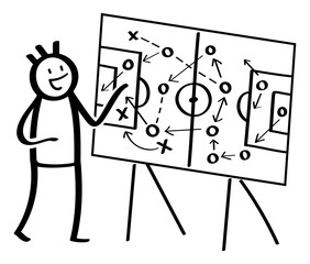 Strichmännchen erklärt Spieltaktik, zeigt auf Flipchart mit Fußballfeld, Taktikanalyse