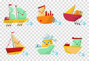 Set of colorful wooden ships with cute faces. Small sailing boats. Marine theme. Flat vector for children room decor or mobile game