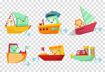Flat vector set of marine vessels with adorable faces. Small wooden ships and sailing boats. Elements for children book or mobile game