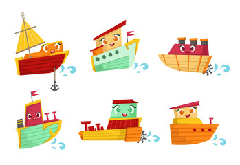 Flat vector set of small wooden boats with cute faces. Sea transport. Elements for children book, poster or mobile game