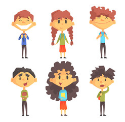 Funny disciples of elementary school. Cute boys and girls with backpacks on shoulders and books in hands. Flat vector set