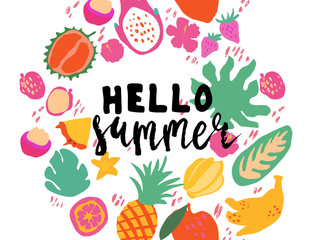 Minimal summer trendy vector illustration art in scandinavian style. Exotic fruits, palm leaf, hibiscus and dots. Handwritten lettering phrase Hello Summer