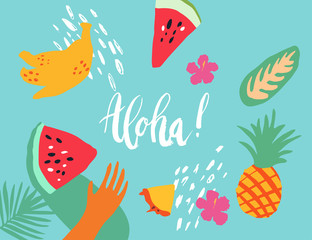 Minimal summer trendy vector illustration art in scandinavian style. Watermelon, pineapple, banana, palm leaf, hibiscus flower, hand and dots. Handwritten lettering phrase Aloha