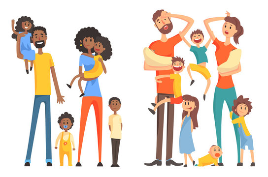 Young Afro-American and caucasian family. Cheerful and tired parents with children. Funny little kids and newborns. Flat vector design