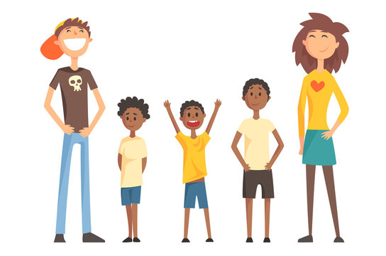 Caucasian couple and three Afro-American teenager boys. Happy interracial family. Young parents with children. Flat vector design