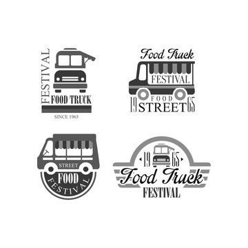 Vector set of emblems and badges for food truck festival. Original monochrome logo templates with vans and lettering. Street fast food