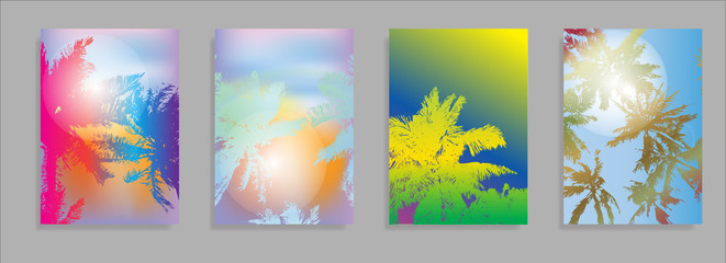 Colorful Summer banners, tropical backgrounds set with palms, leaves, sea, clouds, sky, beach colors. Beautiful Summer Time cards, posters, flyers, party invitations. Summertime template collection.