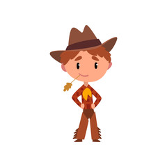 American Cowboy boy in national clothes, kid cartoon character in traditional costume vector Illustration on a white background