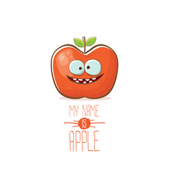 vector funny cartoon cute red apple character isolated on white background. My name is apple vector concept. super funky fruit food character